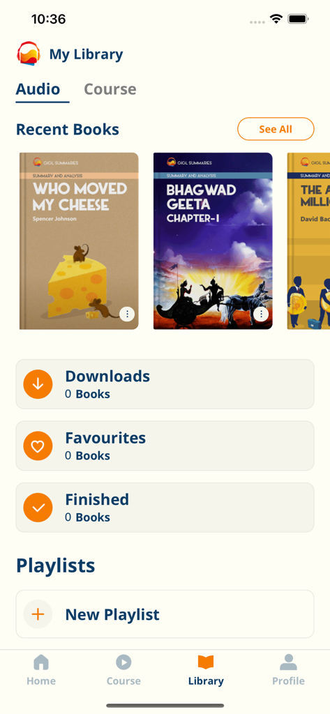 GIGL app My Library screen featuring recent book summaries and options for downloads favorites and playlists