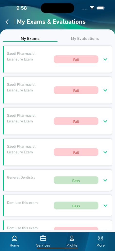 Mumaris+ - Mobile screen showing a list of professional medical exam results with pass and fail statuses in the Mumaris plus app