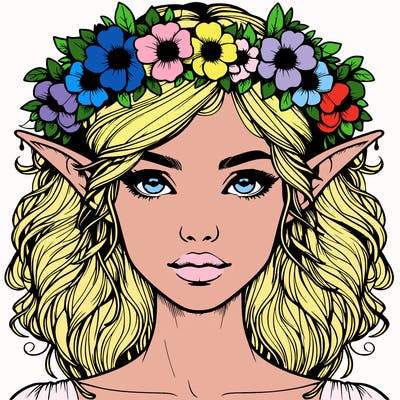 realistic female elf with flower crown