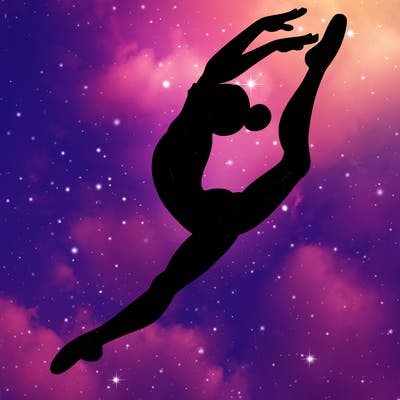 gymnast doing a leap in a leotard with a bent back leg