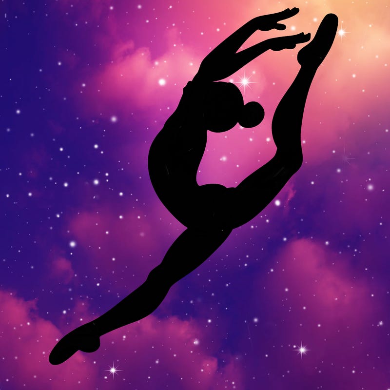 gymnast doing a leap in a leotard with a bent back leg