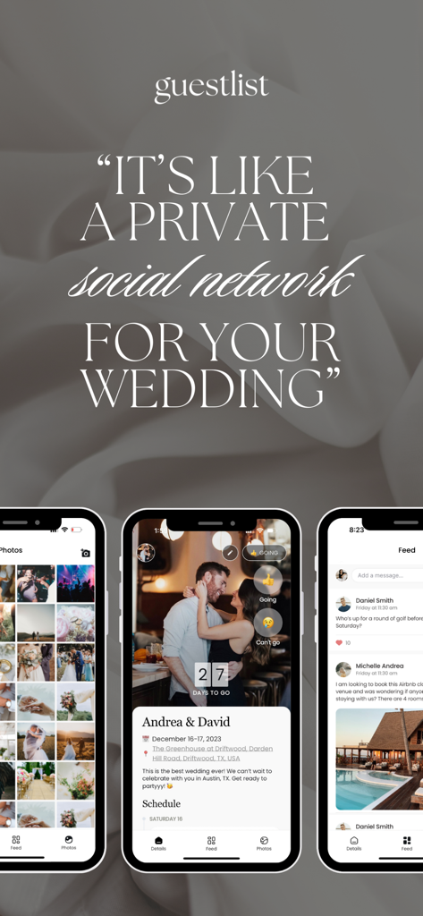 Guestlist Wedding App - iPhone screens showing the Guestlist wedding app features including a photo gallery, event details, and a private social feed for guests.