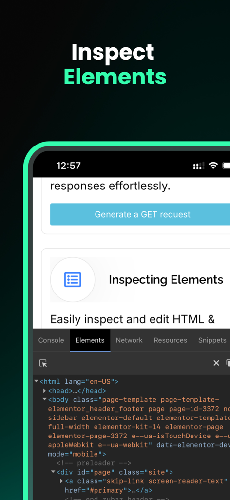 Web Inspector & Dev Tools - Interfaz mostrando la función de inspeccionar elementos con código HTML en un dispositivo móvil