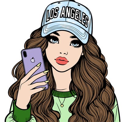 realistic beautiful girl wearing los ángeles cap holding an iphone