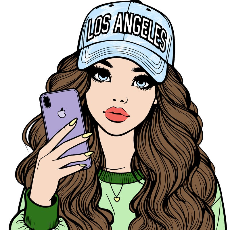 realistic beautiful girl wearing los ángeles cap holding an iphone