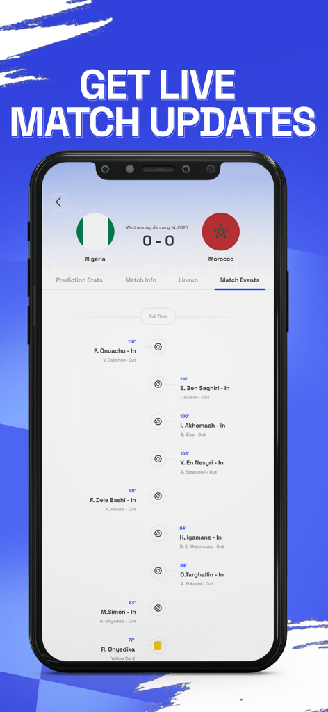 Puntrr.ai: Live Scores & Data - スマートフォンには、ナイジェリア対モロッコのサッカーの試合イベントタイムラインを表示するPuntrr.aiアプリが表示されています。