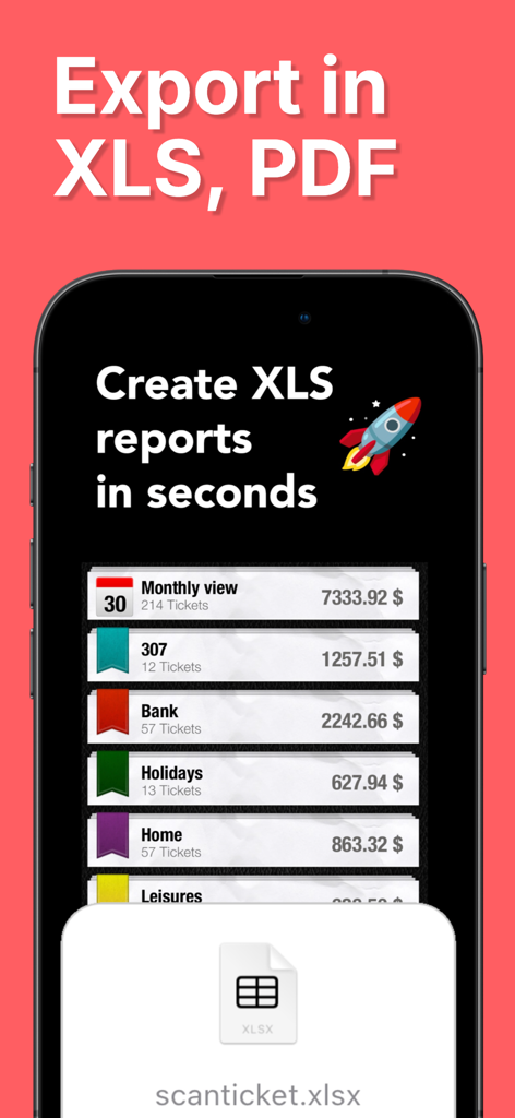 Interfaccia dell'app ScanTicket che mostra l'opzione per esportare i dati delle ricevute nei report XLS e PDF