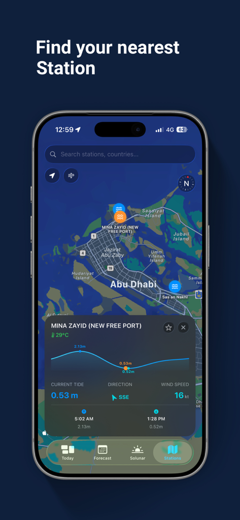 AlMayeh: Tides, Weather & More - AlMayeh app interface showing a coastal map with tide station locations and live marine weather data.