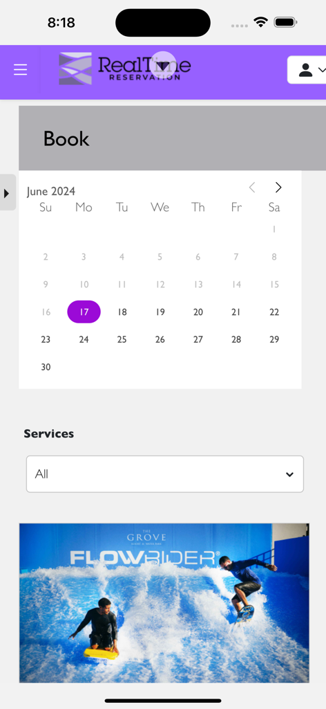 RealTime Reservation Manager app screen showing a calendar for booking resort activities and services.