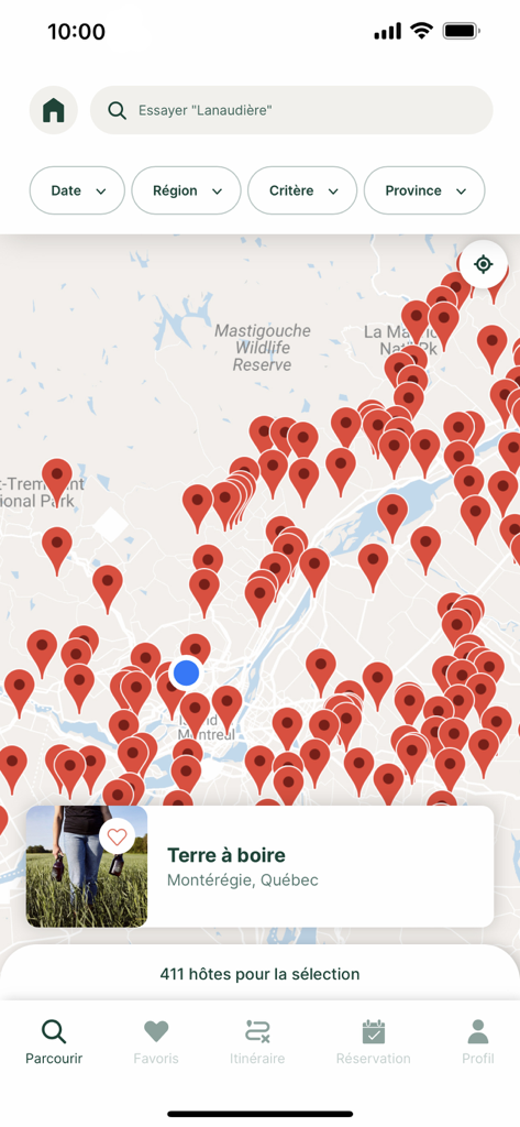 Terego - Map view in the Terego app showing numerous local hosts for RV parking across Quebec.