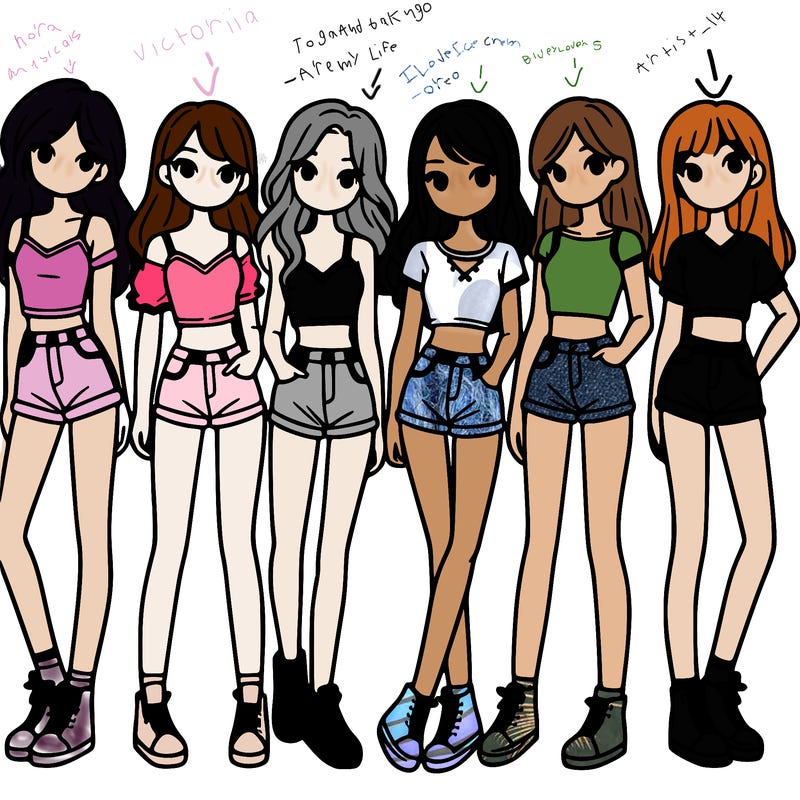 a group of girls wearing crop tops and shorts
