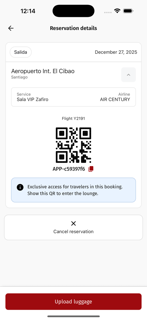 BeforeBoarding - Pantalla de la aplicación móvil que muestra una reserva de sala VIP para el Aeropuerto Internacional El Cibao con un código QR para el acceso