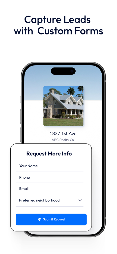 Linq—Meet, Manage, Close - Pantalla de smartphone mostrando un formulario personalizado de captura de clientes potenciales para una lista de bienes raíces en la aplicación Linq.