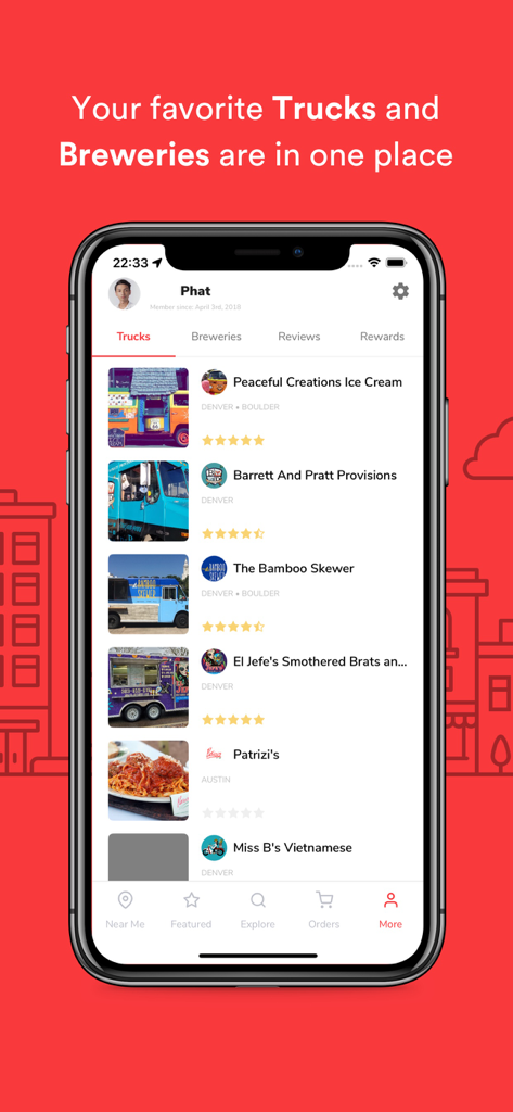 Truckster - Find Food Trucks - A smartphone screen showing the Truckster app interface with a list of favorite food trucks and breweries including ratings and locations.