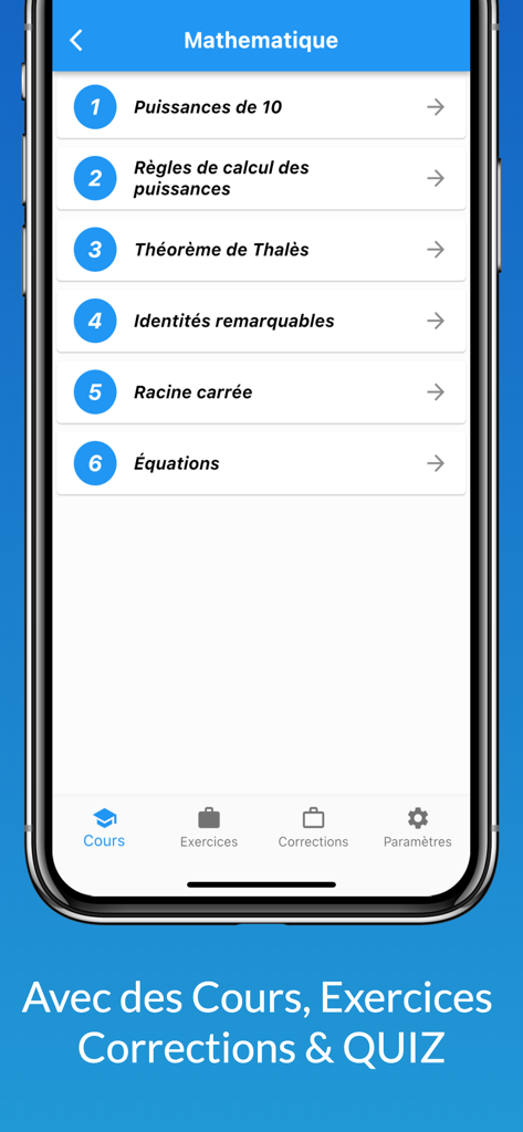 Sama School (Collège & Lycée) - Écran de l'application Sama School montrant une liste de sujets de cours de mathématiques en français