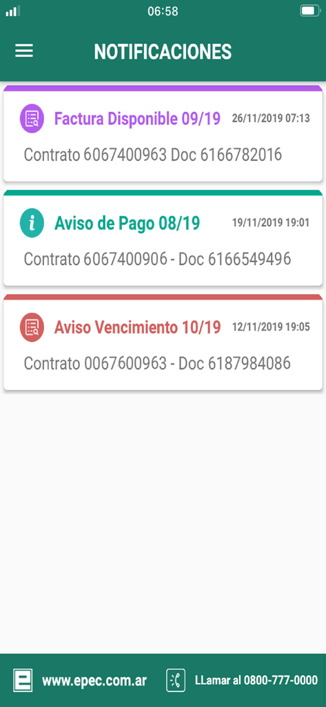 Epec Móvil - Notifications screen of the Epec Movil app showing billing alerts and payment notices