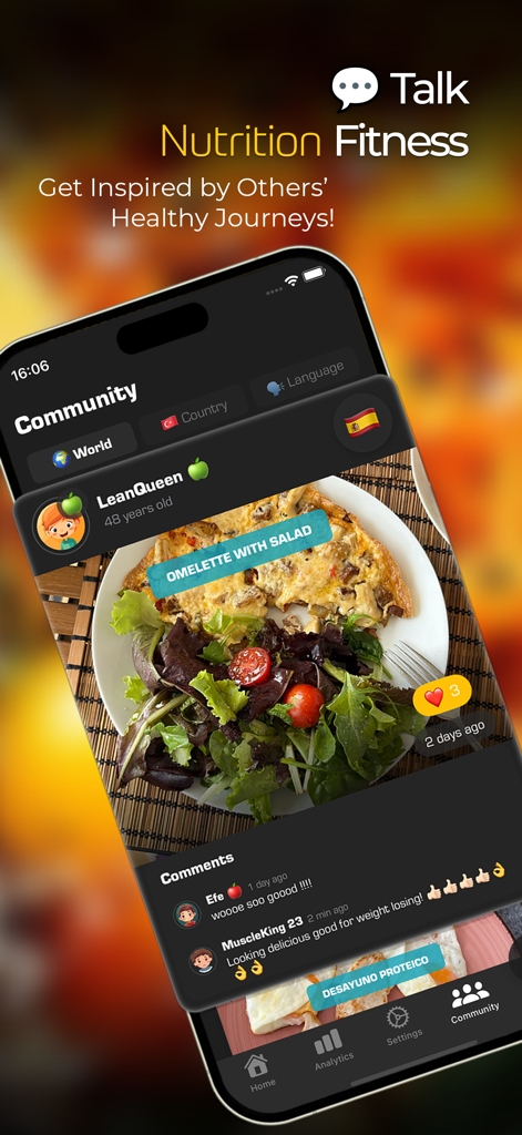 Food AI - Calorie Tracker - The community screen of the Food AI Calorie Tracker app featuring a social feed of user meals and comments