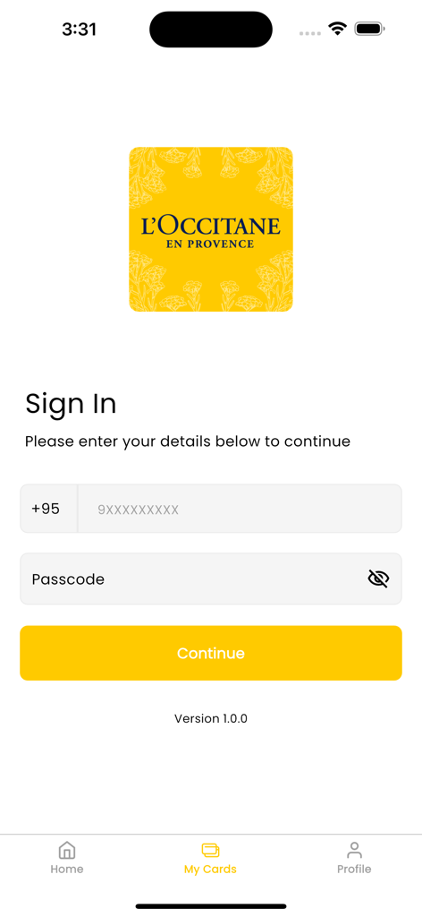 L’Occitane MM VIP Club - Écran de connexion de l'application Club VIP MM L'Occitane avec champs de saisie pour numéro de téléphone et code d'accès
