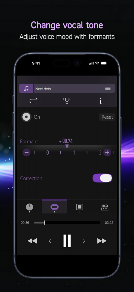 PSOFT Audio Player - Pantalla de ajuste de tono y formante vocal en la aplicación PSOFT Audio Player