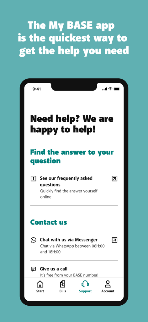 My BASE - Interface d'assistance de l'application My BASE comprenant une FAQ et des options de contact, notamment la messagerie et les appels téléphoniques.