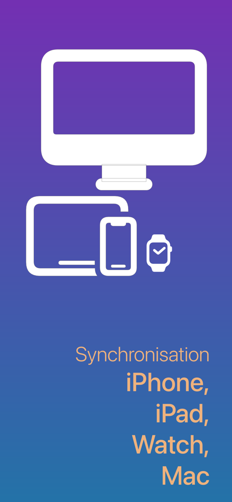 Gráfico que muestra la sincronización de Hamster Authenticator en dispositivos iPhone, iPad, Apple Watch y Mac.