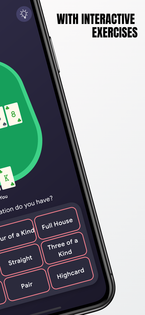 ATHYLPS - Poker Trainer - Tela do celular do treinador de poker ATHYLPS mostrando exercícios interativos para identificar combinações de mãos de poker