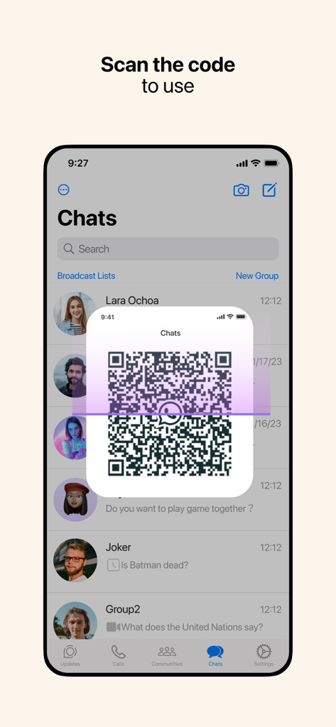 Dual App - Duo Web Scanner - Interfaz móvil de Duo Web Scanner que muestra un código QR para la sincronización de cuentas.