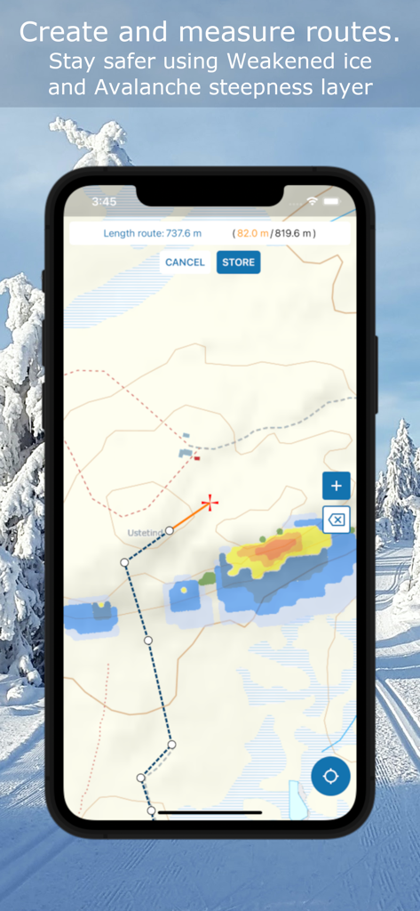 Norgeskart friluftsliv - Norgeskart friluftsliv interface showing route measurement and avalanche steepness safety layers on a topographic map