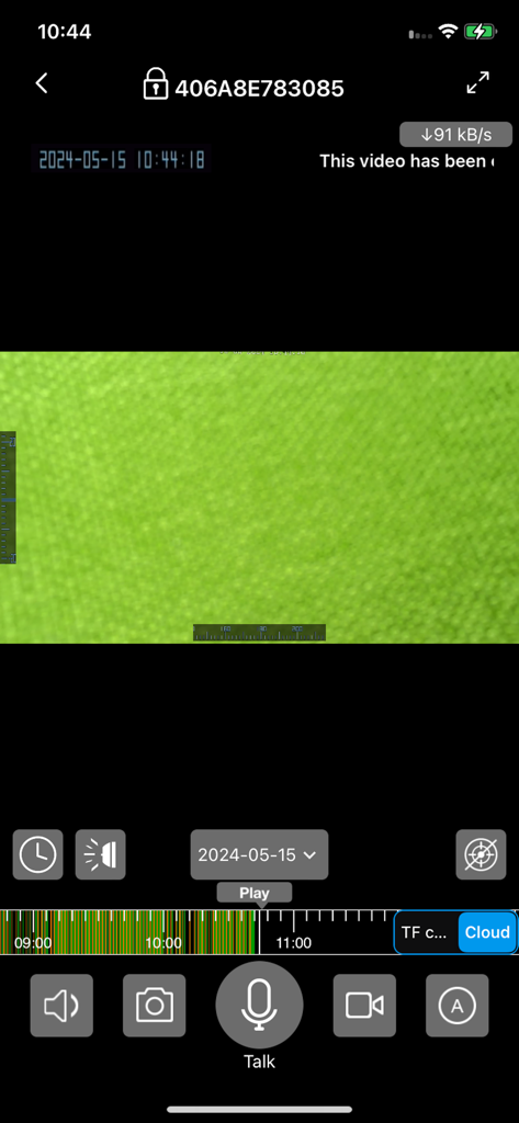 Interfaz de la aplicación 360Eyes que muestra la reproducción de la cámara de seguridad y los controles de monitoreo