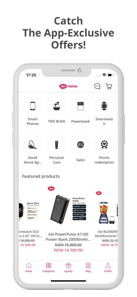 itel home shopアプリのインターフェース。電化製品のカテゴリと注目のセールが表示されています。
