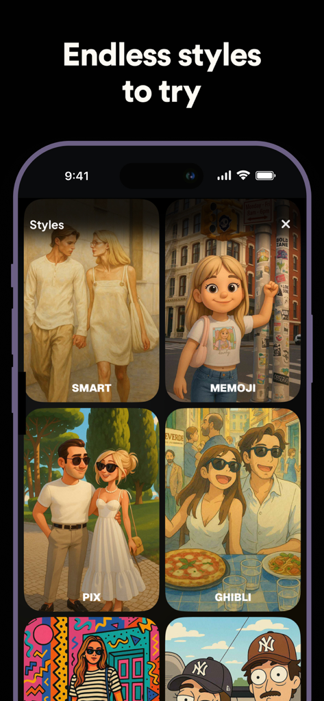 AI Photos - AI Photo Generator - A mobile app interface displaying a gallery of different AI artistic styles such as Memoji and Ghibli for photo transformation.