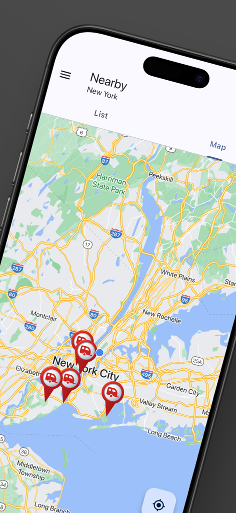 Campsite and Caravan Park - 뉴욕시 근처 RV 파크 위치를 보여주는 캠핑장 및 카라반 파크 앱의 지도 보기