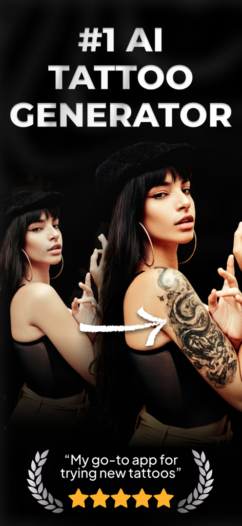 Tattoo Design Creator App - 女性がAIタトゥー生成アプリを使用して、大きな肩のタトゥーをバーチャルで試着しています