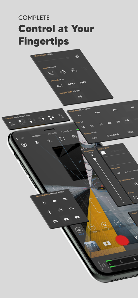 Beastcam - Pro Camera - Isometric view of Beastcam app interface showing professional manual camera and audio control panels