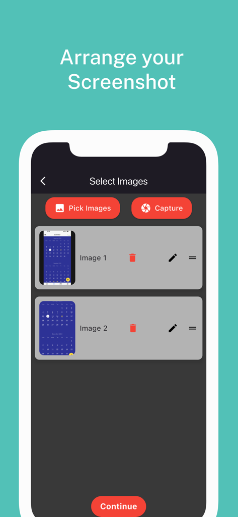 PDFドキュメントに変換するためにスクリーンショットを選択および配置するためのインターフェース