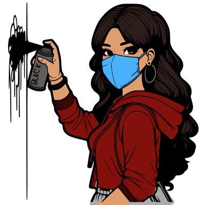 realistic girl with mask spray painting a wall