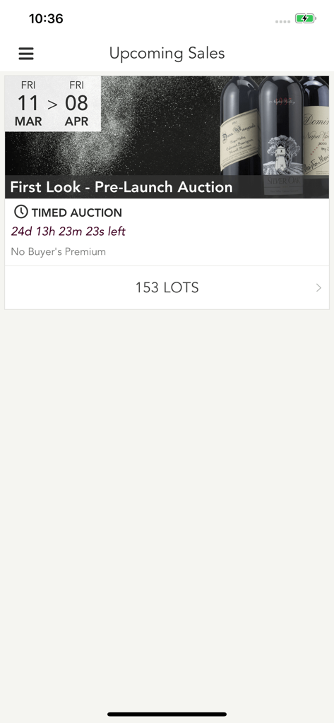 The Upcoming Sales screen of the Brentwood Wine app featuring a timed auction with multiple wine lots.