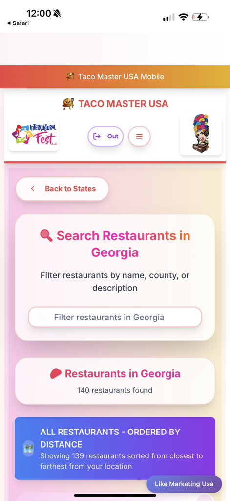 Taco Master USA - ジョージア州のタコスレストランを検索およびフィルタリングするためのTaco Master USAアプリ画面
