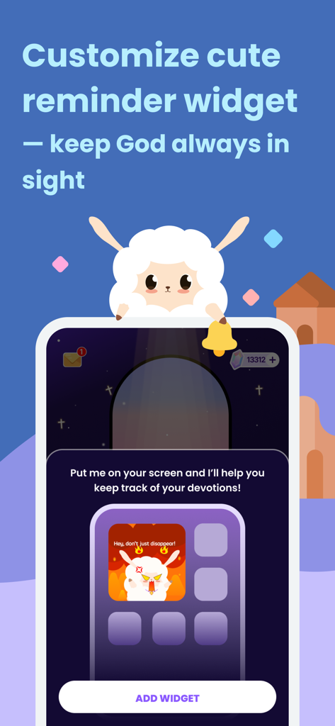 FaithTime: Devotion&Community - FaithTime app screenshot showing a cute lamb mascot and a customizable devotional reminder widget for the phone home screen.