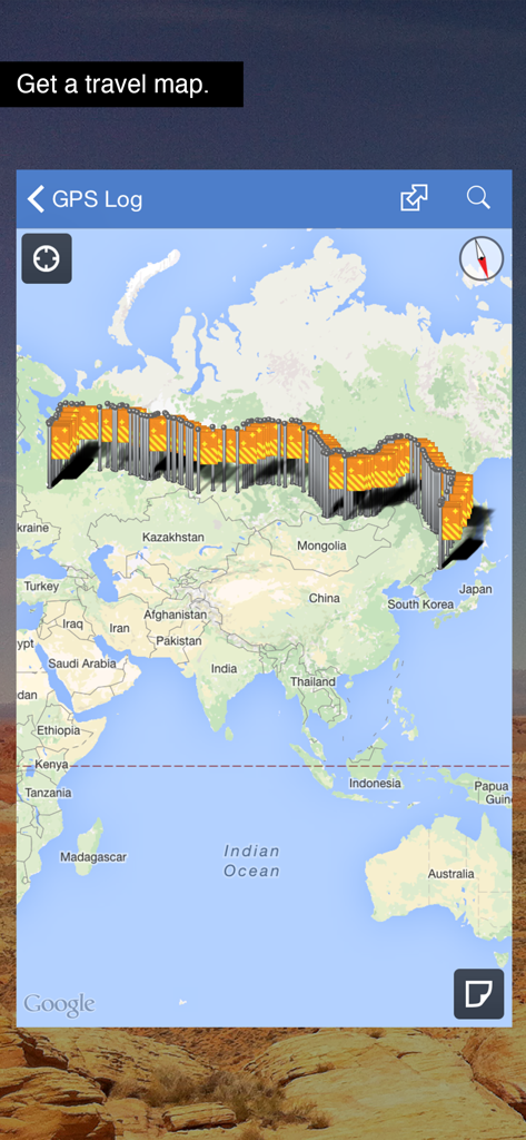 Uma captura de tela do aplicativo GPS Log exibindo um mapa mundial com uma trilha densa de pinos de localização pela Eurásia