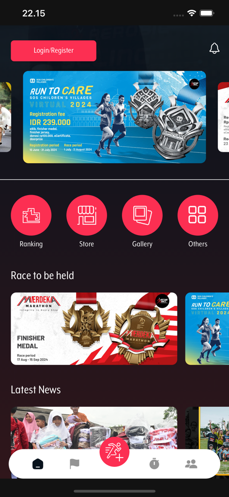 99 Virtual Race - Home screen of the 99 Virtual Race mobile app featuring upcoming virtual races and finisher medals