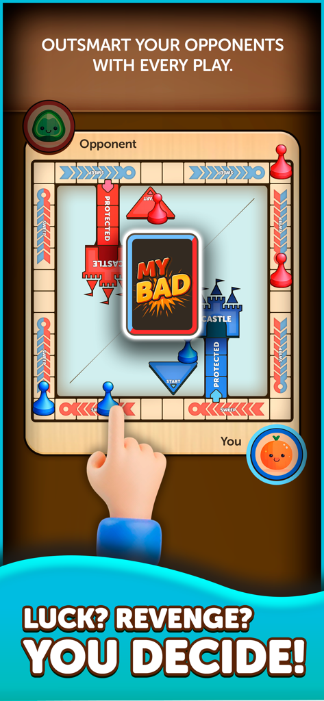 A 1v1 match in the My Bad board game app showing red and blue pawns on a race and bump style game board