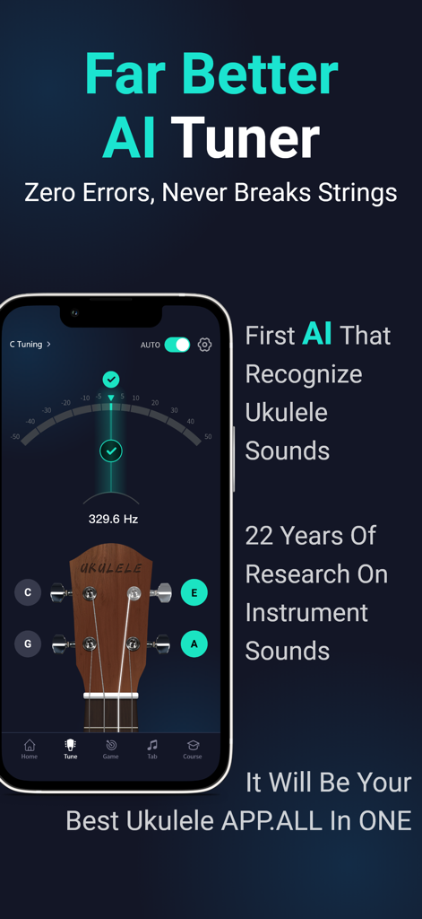 ukulele tuner - utunermate - Smartphone displaying Utunermate AI ukulele tuner with accurate pitch detection