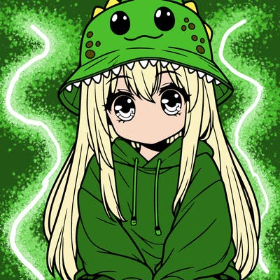 girl with anime shaped eyes with a dinosaur bucket hat oversized sweatshirt long straight hair