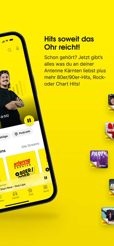 Antenne Kärnten Radio App zeigt verschiedene Musik-Streams und Hits auf einem Smartphone-Bildschirm an