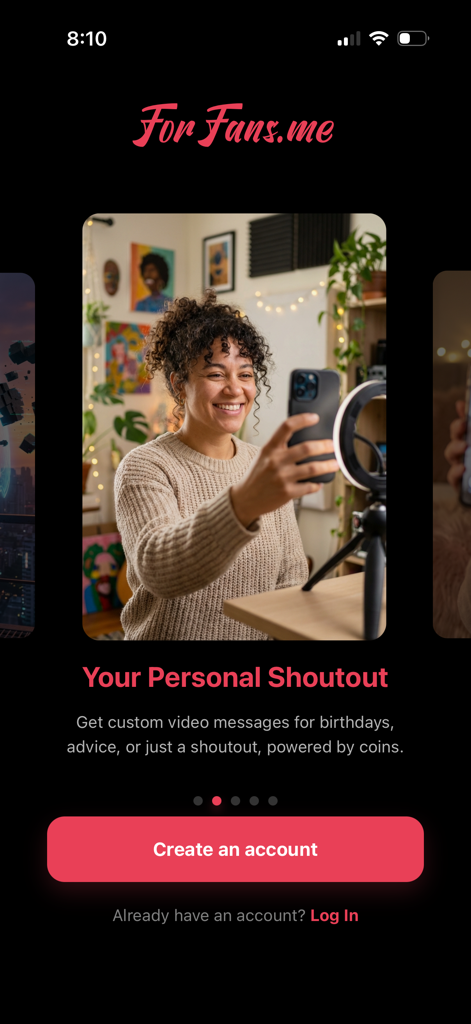 ForFans.me - ForFans app screen showing a woman recording a custom video shoutout with a ring light and tripod