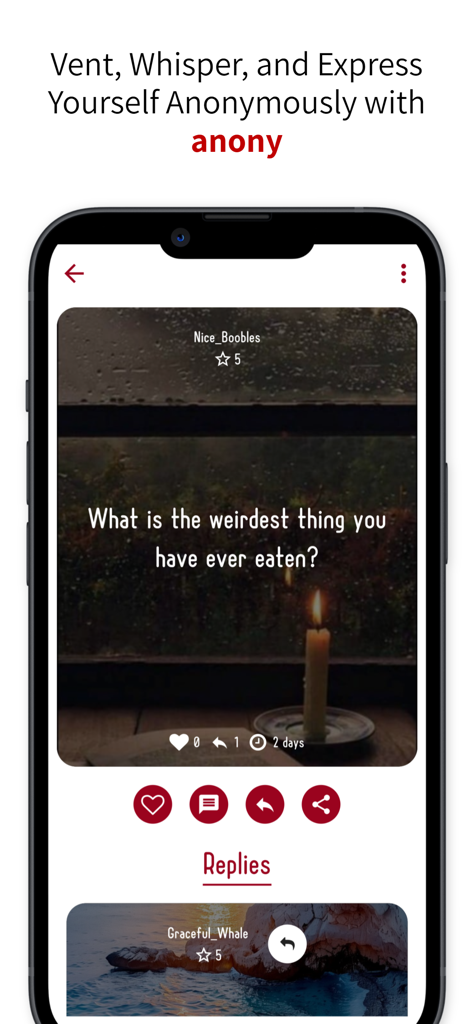 Captura de pantalla de la app anony mostrando un susurro anónimo y respuestas de la comunidad.