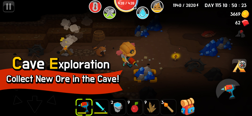 Mine Survival - Character mining blue crystals with a drill in a cave exploration scene from Mine Survival