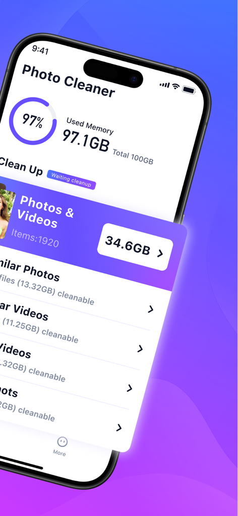 Photo Clean up:phone cleaner - Écran d'iPhone affichant l'état de la mémoire utilisée et les options de nettoyage de stockage dans l'application Nettoyage Photo
