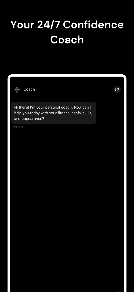 Critique AI App-Chat-Oberfläche mit einer automatisierten Nachricht vom persönlichen Selbstvertrauens-Coach.